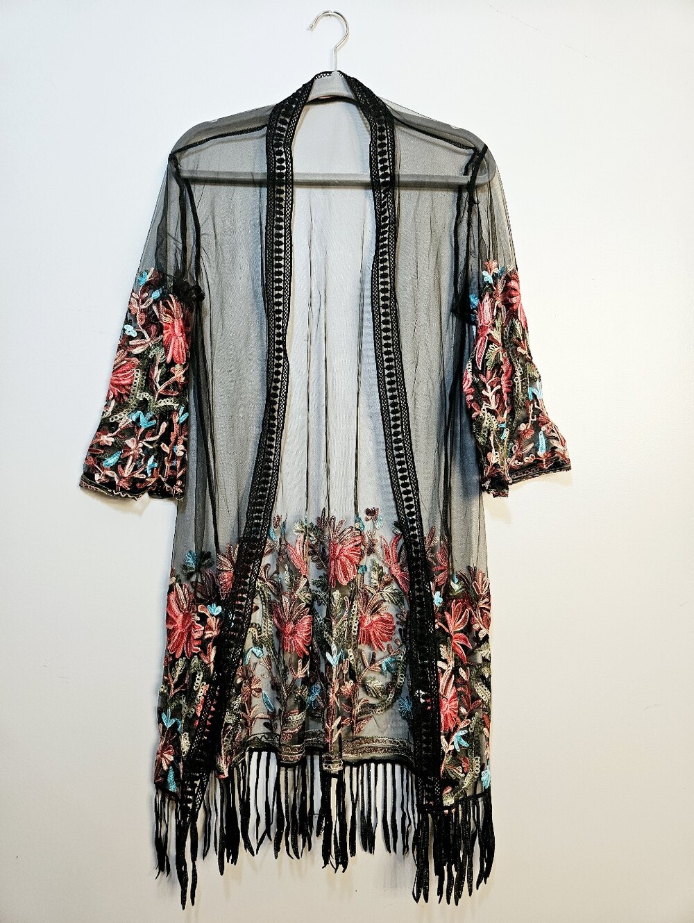 Betty Fashion Floral Embroidered Sheer Kimono Size XL Black Boho - Picture 3 of 8
